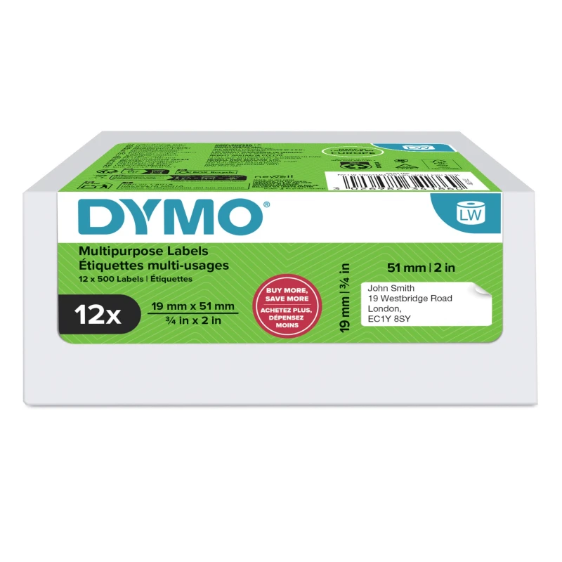Image of Dymo DYMO Authentic LabelWriter Small Multi Purpose Labels 19mm x 51mm Self-Adhesive 12 Rolls of 500 Easy-Peel Labels (6,000 Count) for Labe