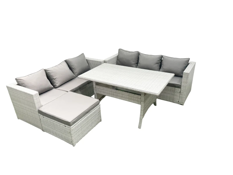 Image of Fimous Rattan Garden Furniture Set 7 Seater Outdoor Sofa Set with Dining Table Big Footstool Light Grey Mixed Light Grey