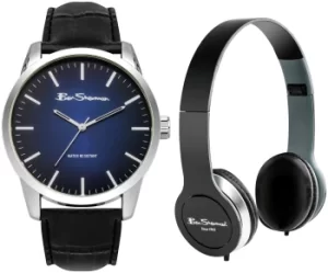Image of Ben Sherman Black Faux Leather Strap Watch and Headphone Set