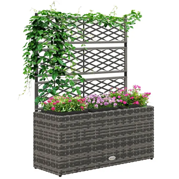Image of Garden PE Rattan Planter with Trellis, Raised Bed, 84x30x107cm, Light Grey