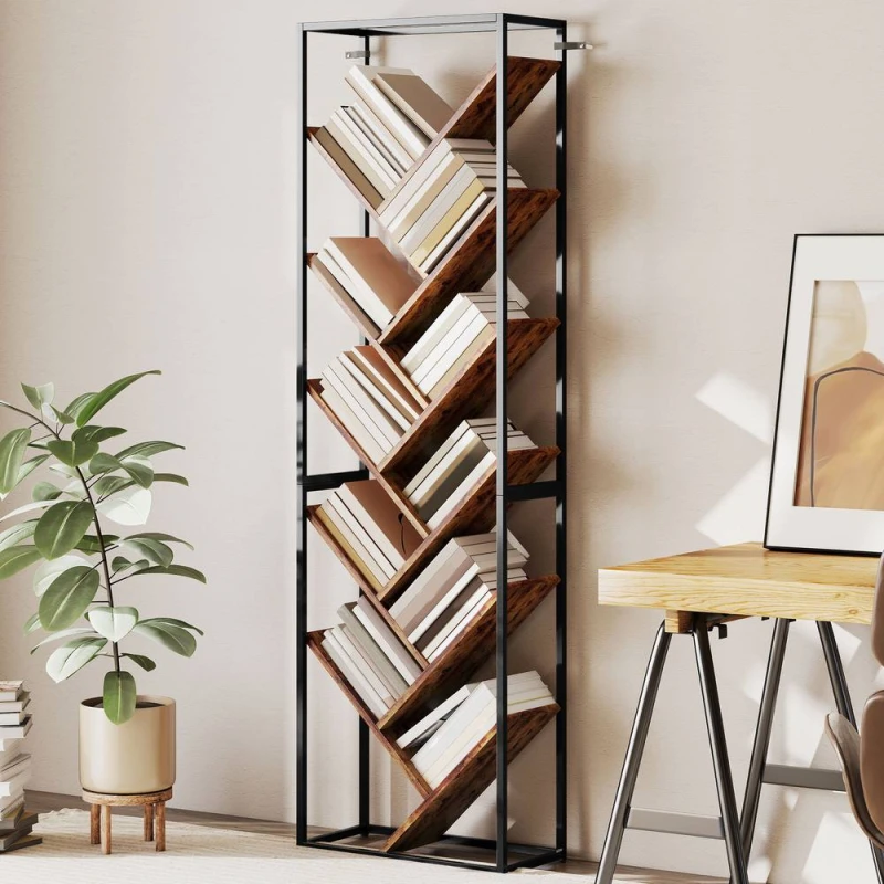 Image of HOMCOM 10 Tier Tree Bookshelf Industrial Tall Bookcase Rustic Brown Black Brown Unisex