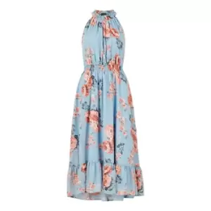 Image of Mela London Blue Rose Halter Neck Dipped Midi Dress - Blue