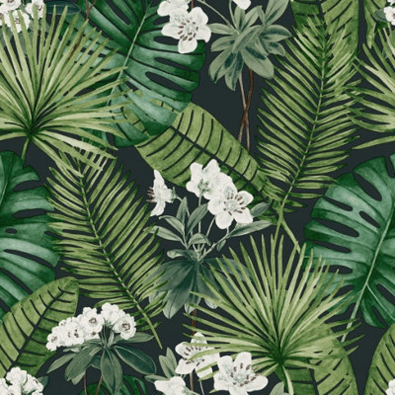Image of Muriva Isla Leaf Wallpaper, Black & Green