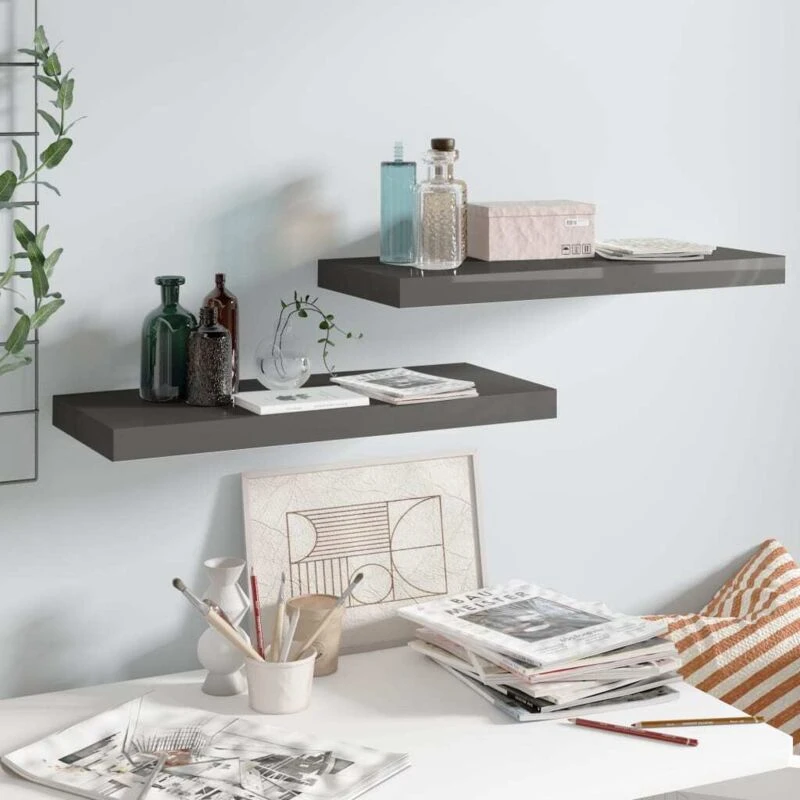 Image of VIDAXL Floating Wall Shelves 2 pcs High Gloss Grey 60x23.5x3.8cm mdf Vidaxl 8720286074220