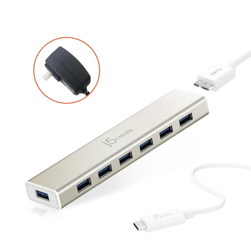 Image of j5 create j5create JCH377 USB-C 7- Port Hub - EU/UK, Metallic Champagne JCH377-N