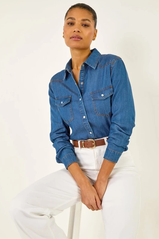 Image of Roman Womens Denim Front Pocket Shirt in Blue Size: 18 Blue Female 18