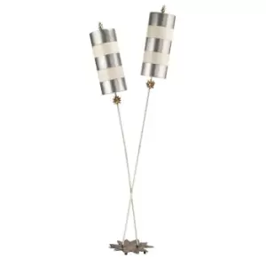 Image of 2 Bulb Floor Lamp Beige Silver Leaf Striped Shades Star Shaped Base LED E27 60W