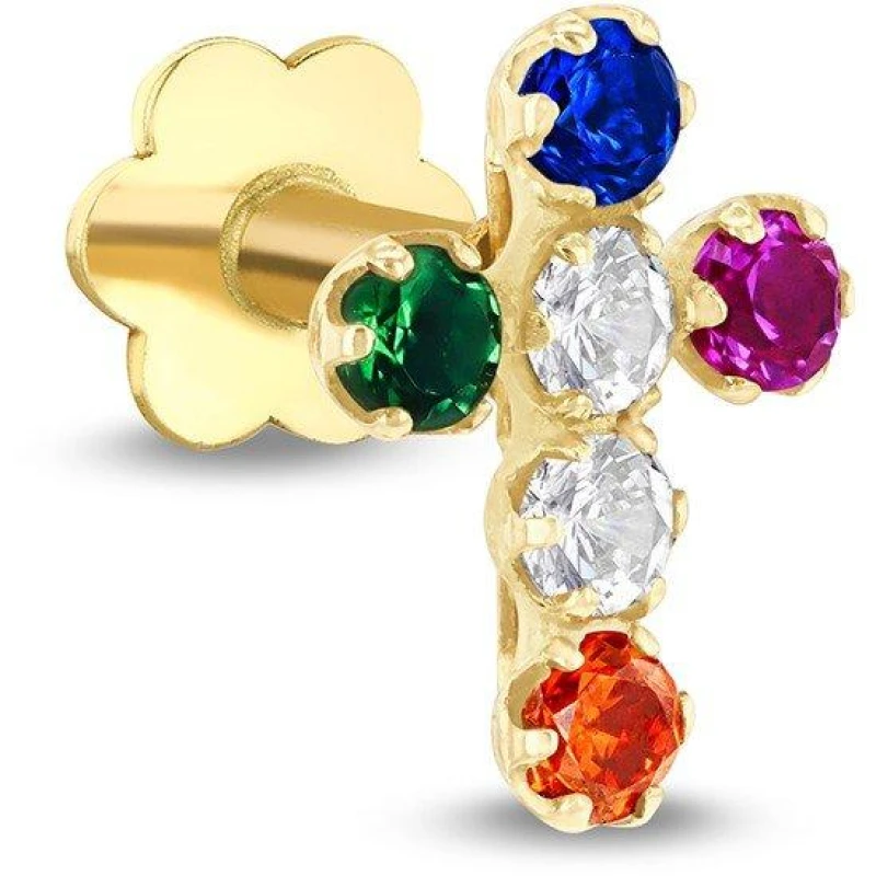 Image of Be You 9ct Gold Multi Coloured CZ Cross Labret Stud Yellow Gold female One Size
