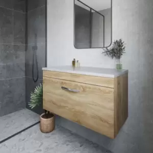 Image of Nuie - Athena Wall Hung 1-Drawer Vanity Unit with Grey Worktop 800mm Wide - Natural Oak