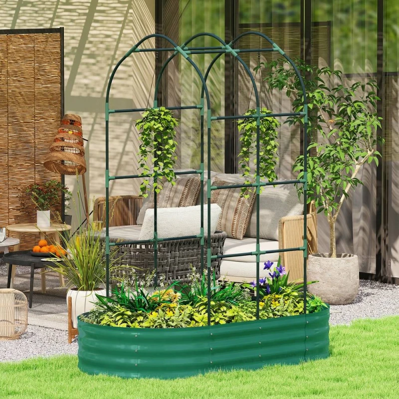 Image of Outsunny 5 x 3 x 6ft Galvanised Raised Garden Bed with Trellis, Green 84H-566V01GN