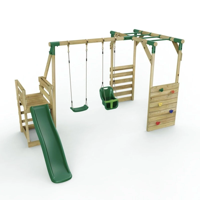 Image of Rebo Wooden Double Swing Set with Baby Seat, Monkey Bars and Slide - Luna Green Green