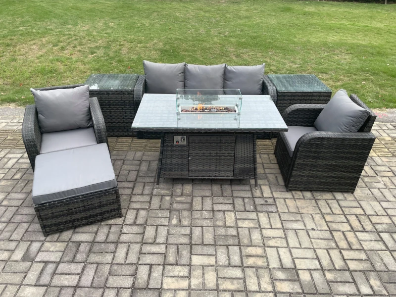 Image of Fimous Wicker Rattan Garden Furniture Sofa Set Gas Fire Pit Dining Table Indoor Outdoor with 2 Side Tables Chair Footstool Dark Grey