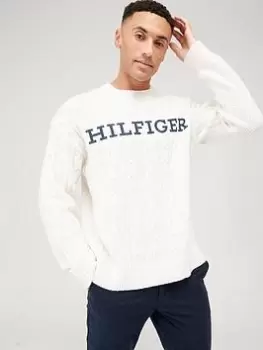 Image of Tommy Hilfiger Cable Monotype Crew Neck Jumper - Cream, Multi, Size S, Men