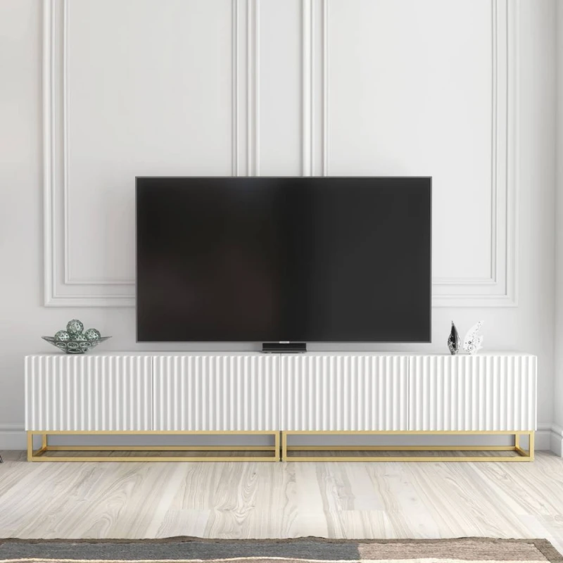 Image of Creative Furniture Ripple Duo TV Unit 200cm - Modern Fluted Design with Push to Open Doors in White White Unisex