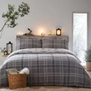 Image of Dreams & Drapes Lodge Derwent Check 100% Brushed Cotton Reversible Duvet Cover Set, Grey, Single