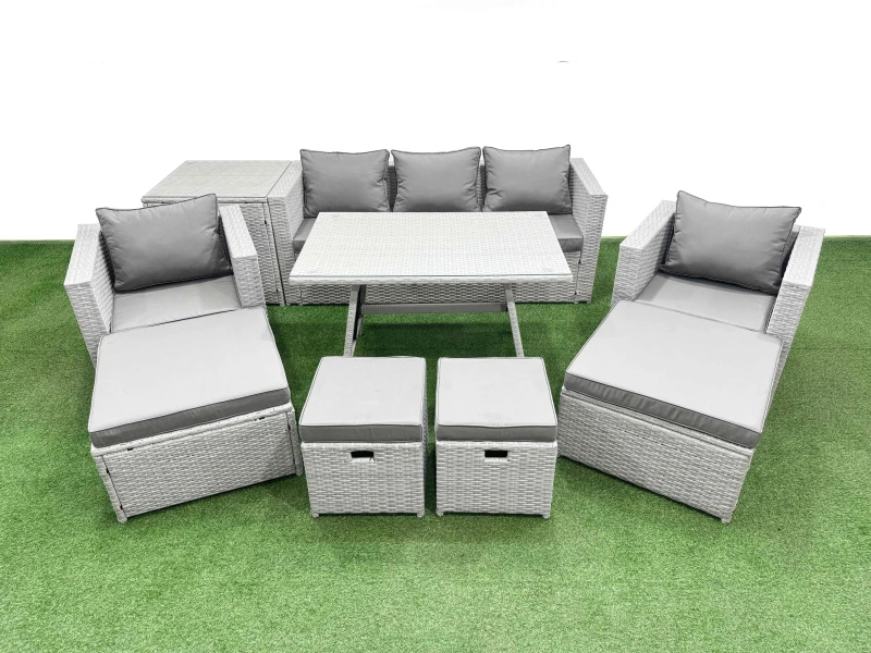 Image of Fimous 9 Pieces Outdoor PE Rattan Sofa Armchair Set with Side Table 4 Stools in Light Grey Light Grey Unisex