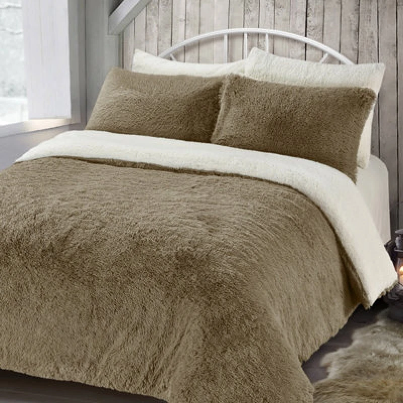 Image of Velosso Shaggy Teddy Duvet Cover & Pillowcase Set, Cosy Bedding For Warm Bedroom Essentials, Soft Texture, Machine Washable - Taupe