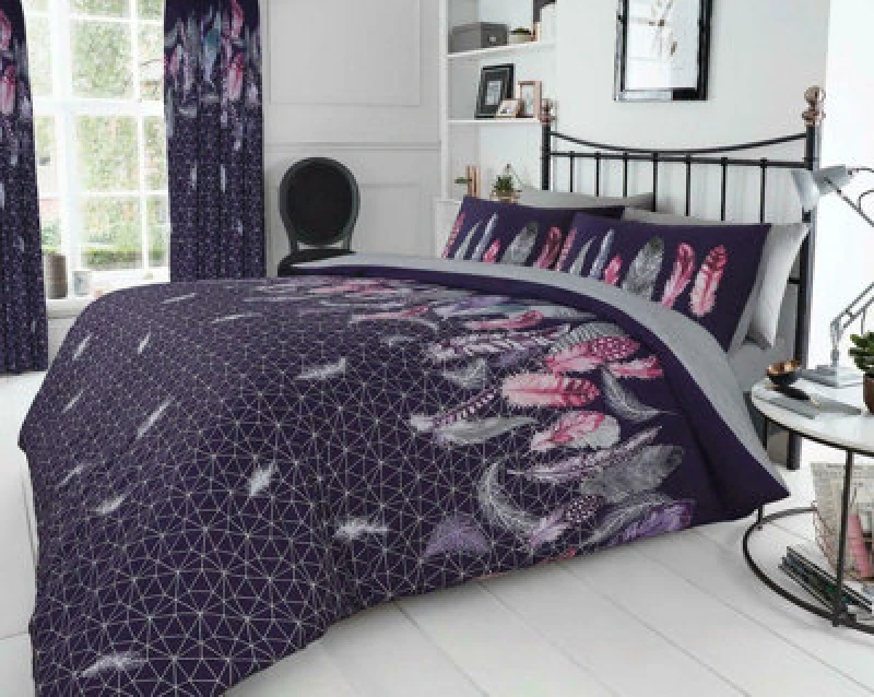 Image of Smart Living Smart Living Printed Polycotton Feathers Duvet Cover With Pillowcases in Purple Size: Double Purple Double Unisex 5051346446460