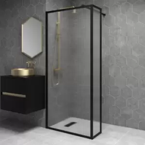 Image of Black 900mm Fluted Glass Wet Room Shower Screen with Wall Support Bar & Return Panel - Volan
