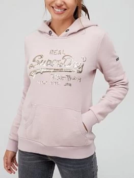 Image of Superdry Vintage Logo Sparkle Hoodie - Pink, Size 12, Women