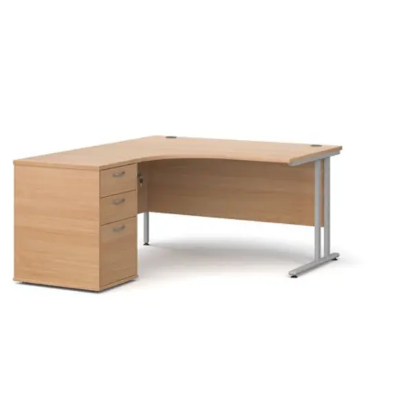 Image of Office Desk Left Hand Corner Desk 1400mm With Pedestal Beech Top With Silver Frame Maestro 25