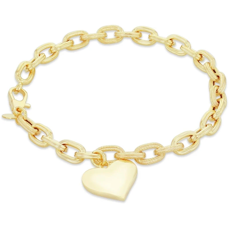 Image of Be You 9ct Gold Textured Oval Bracelet with Heart Charm Yellow Gold female 7.5in