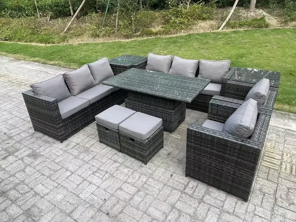 Image of Fimous 8 Seater Outdoor Dark Grey Rattan Lounge Complete Sofa Set with Adjustable Dining Table, 2 Stools and Big Footstools