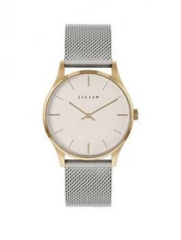 Image of Jigsaw Jigsaw White And Gold Detail Dial Stainless Steel Mesh Strap Ladies Watch
