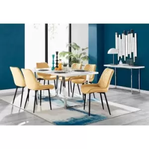 Image of Furniture Box Kylo White High Gloss Dining Table and 6 Mustard Pesaro Black Leg Chairs