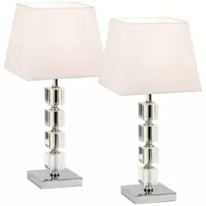Image of 2 PACK Square Table Lamp Light Chrome Acrylic Cubes White Shade Desk Sideboard
