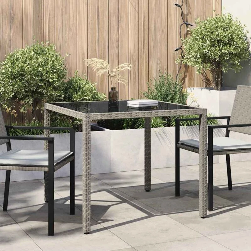Image of VIDAXL Garden Table 90x90x75cm Tempered Glass and Poly Rattan Grey Vidaxl 8720286666371