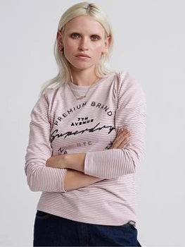 Image of Superdry Dunne Stripe Long Sleeved Graphic Top - Pink Stripe, Pink Stripe, Size 6, Women