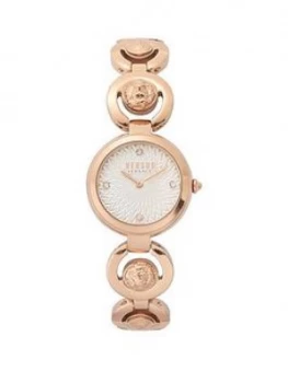 Image of Versus Versace White Guilloche Swarovski Dial Rose Gold Stainless Steel 3D Lion Head Bracelet Ladies Watch