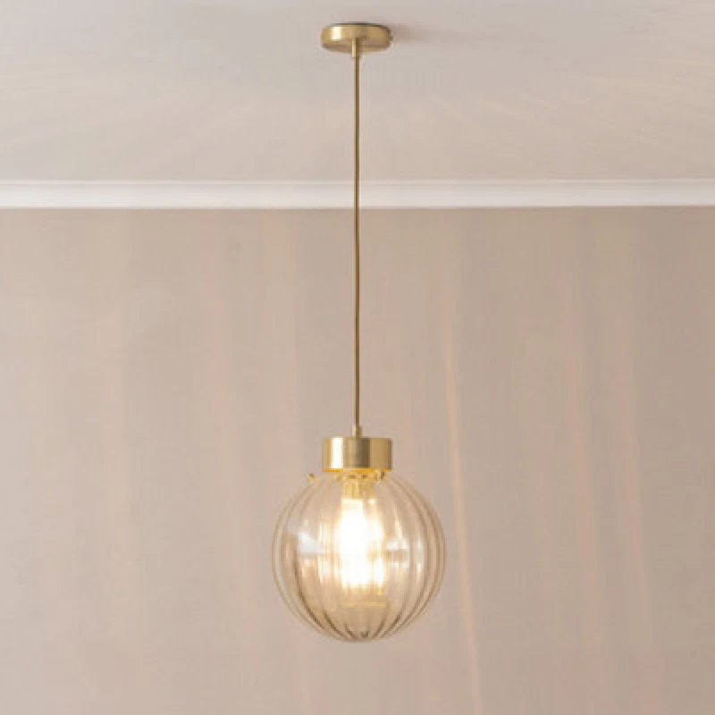 Image of ValueLights ValueLights Chessy Ribbed Glass Globe Brushed Gold Capped Ceiling Pendant Light in Amber Amber One Size Unisex 5059406062735