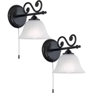 Image of 2 PACK Wall Light Black Steel Shade White Glass Alabaster Pull Switch E14 1x 40W