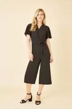 Image of Black Wrap Over Jumpsuit With Angel Sleeve