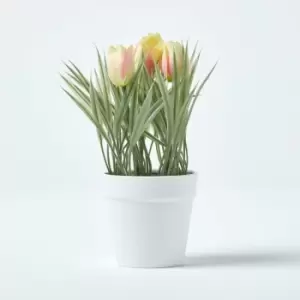 Image of Homescapes - Pink & Cream Artificial Tulips in White Decorative Pot, 22cm Tall - Pink
