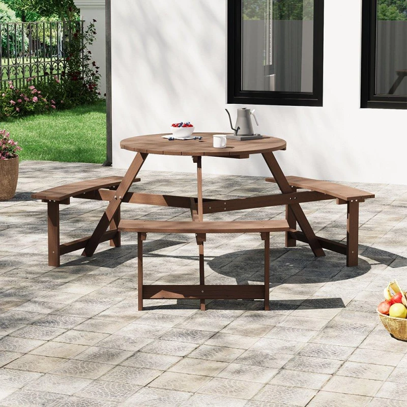 Image of Breeins Camping 6-Person Round Wood Picnic Table and Bench Set Brown unisex One size