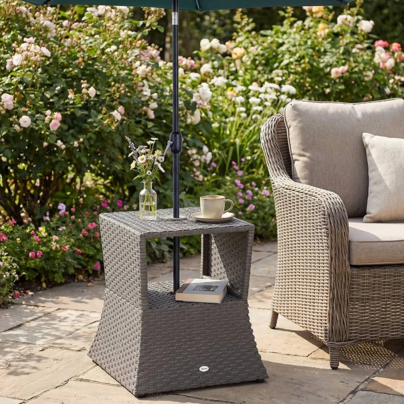 Image of OUTSUNNY Rattan Wicker Tea Coffee Table w/ Umbrella Hole Dark Grey Dark Grey Unisex