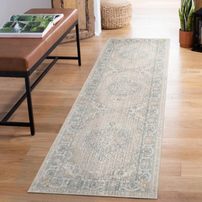 Image of Maia Washable Low Pile Non Slip Orchid Traditional Area Rug - Beige, 60 X 220 Cm (Runner)