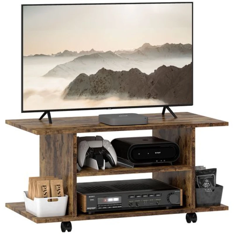 Image of HOMCOM Modern TV Cabinet Stand Storage Shelves Table Mobile Bedroom Furniture Bookshelf Bookcase Rustic Brown, Brown 83B-100V00RB