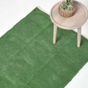 Image of Dark Olive 100% Cotton Plain Chenille Rug with Natural Trim, 90 x 150cm - Green - Homescapes