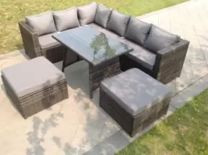 Image of Fimous 6 Seater Outdoor Dark Grey Rattan Lounge Complete Sofa Set Let Side with Dining Table and 2 Big Footstool