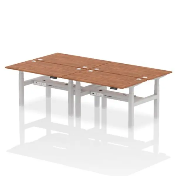 Image of Air Air Back-to-Back 1400 x 800mm Height Adjustable 4 Person Bench Desk Walnut Top with Cable Ports Silver Frame HASCP4P14800WNTS
