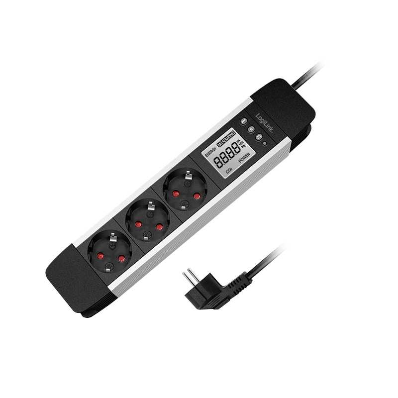 Image of LogiLink Outlet Strip. 3 safety sockets. w/ power meter. aluminum
