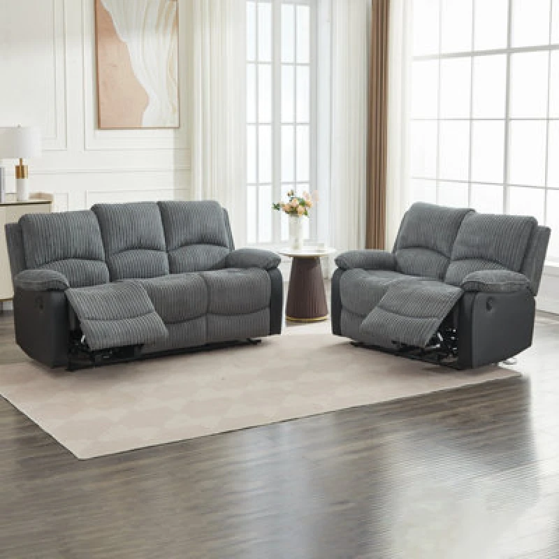 Image of Electric Reclining Sofa Set, Corduroy Fabric Recliner Sectional Sofa Suite - 2+3 Sofa Set