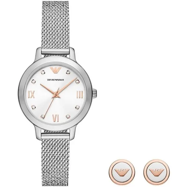 Image of Emporio Armani Ladies Emporio Armani Watch and Earrings Gift Set - Silver One Size