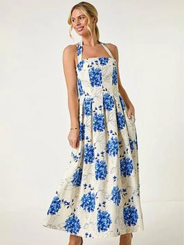 Image of Roman Womens Petite Floral Stretch Midi Dress in Blue Size: 12 Blue Female 12