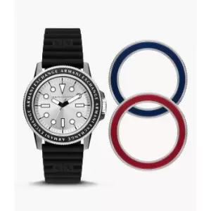 Image of Armani Exchange Mens Three-Hand Silicone Watch And Topring Gift Set - Black