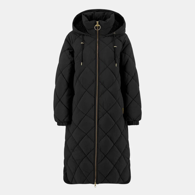 Image of Barbour Womens Kirkton Diamond Quilted Hooded Long Puffer Jacket Black/Classic female 16 (XL)
